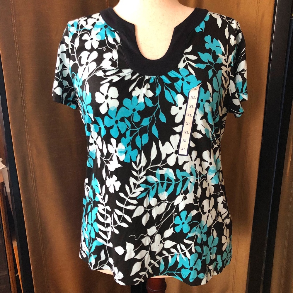 Croft&Barrow Turquoise n Light Blue Floral n Vine Tee
